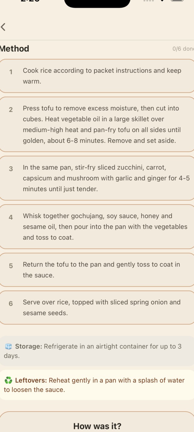 Pico recipe method screen showing numbered step-by-step cooking instructions