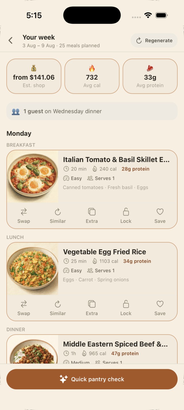 Pico weekly meal plan screen showing budget, calories and planned meals by day