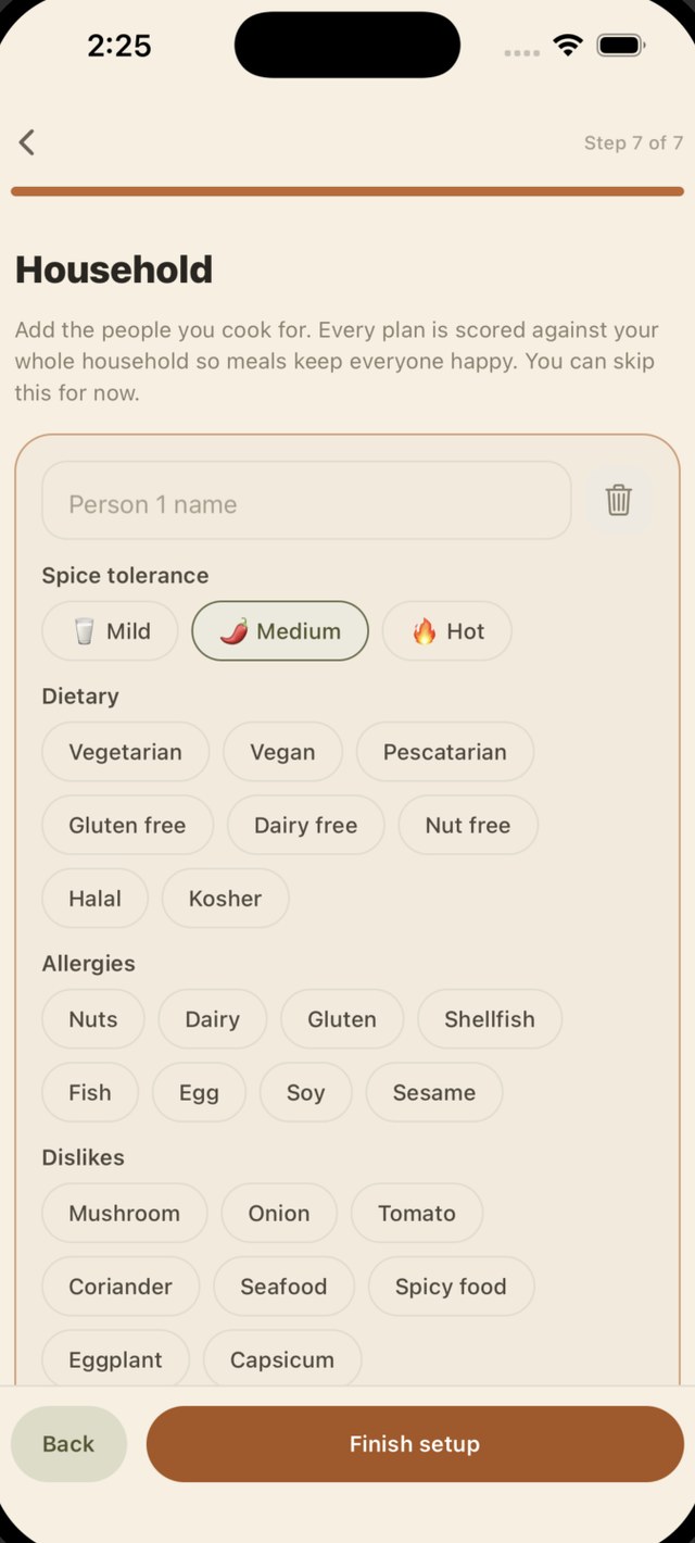 Pico household preferences screen with dietary and allergy chips