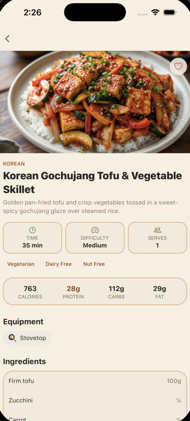 Pico recipe screen with nutrition per serve and method steps