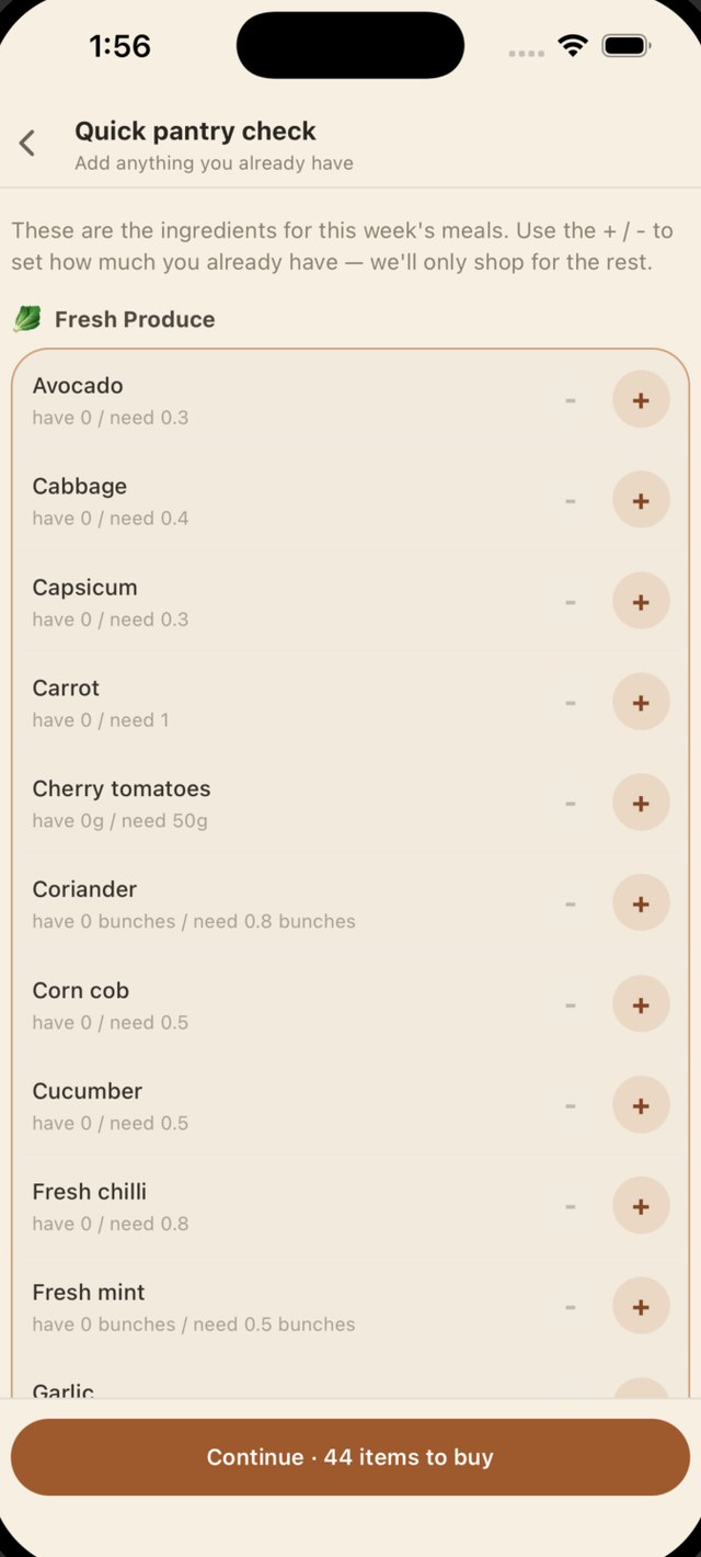 Pico shopping list screen with aisle groups and supermarket price comparison