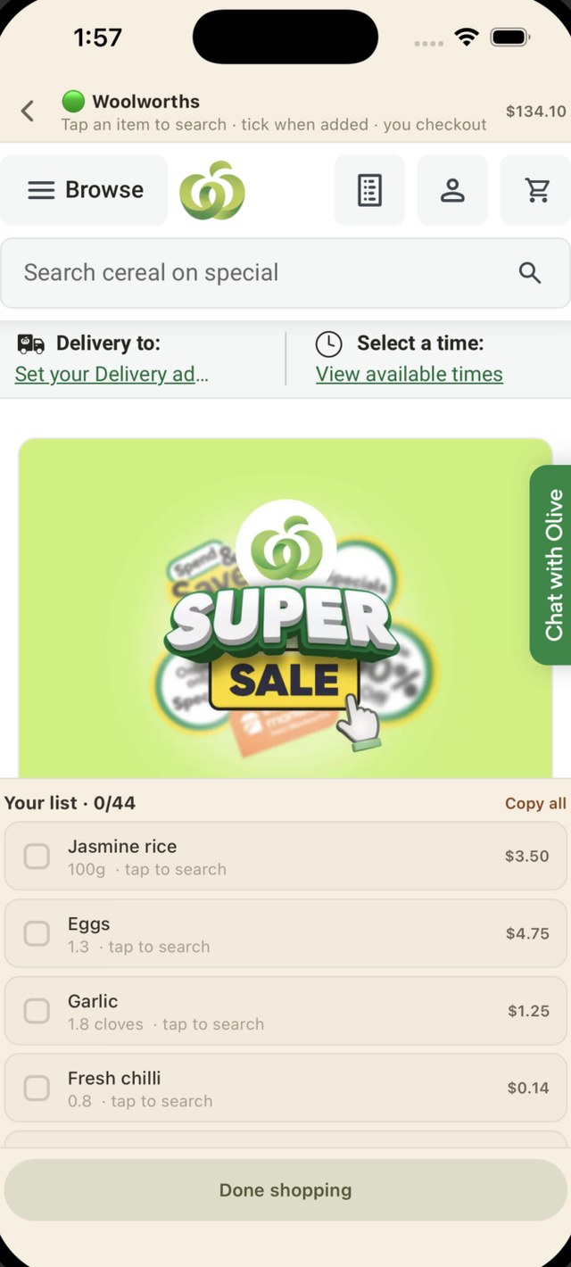 Pico in-app Woolworths checkout with your shopping list below the store site